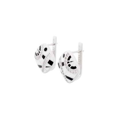 925 Silver Abstract Essence Enamel Earrings - Black and White